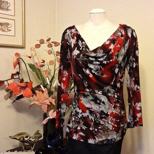 NWT Robert Kitchen Women's Red Black Gray Printed Blouse Long Sleeve Top Size 10